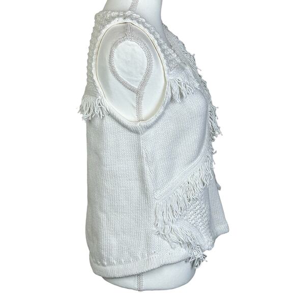 by Anthropologie Crochet Vest Size Medium White Cotton Silk Fringe Boho Knit Top - Picture 3 of 12